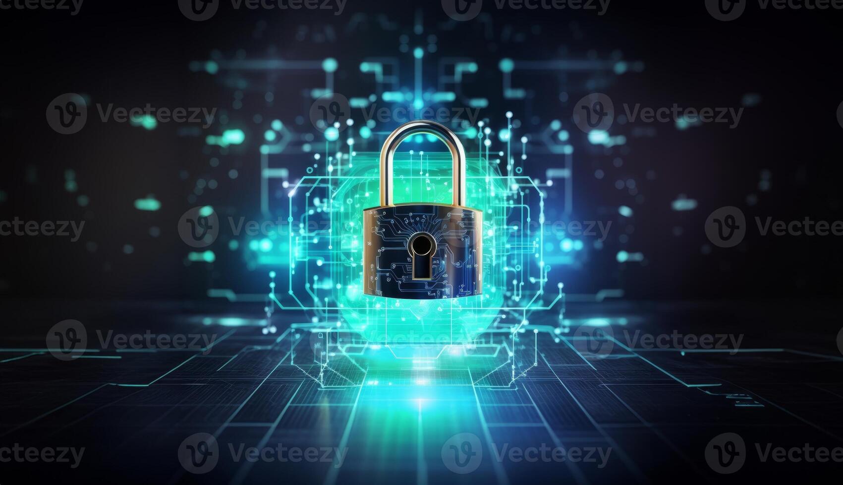 A modern depiction of cybersecurity and data privacy on the internet, illustrated by a conceptual image featuring digital locks safeguarding business and financial data, emphasizing the photo
