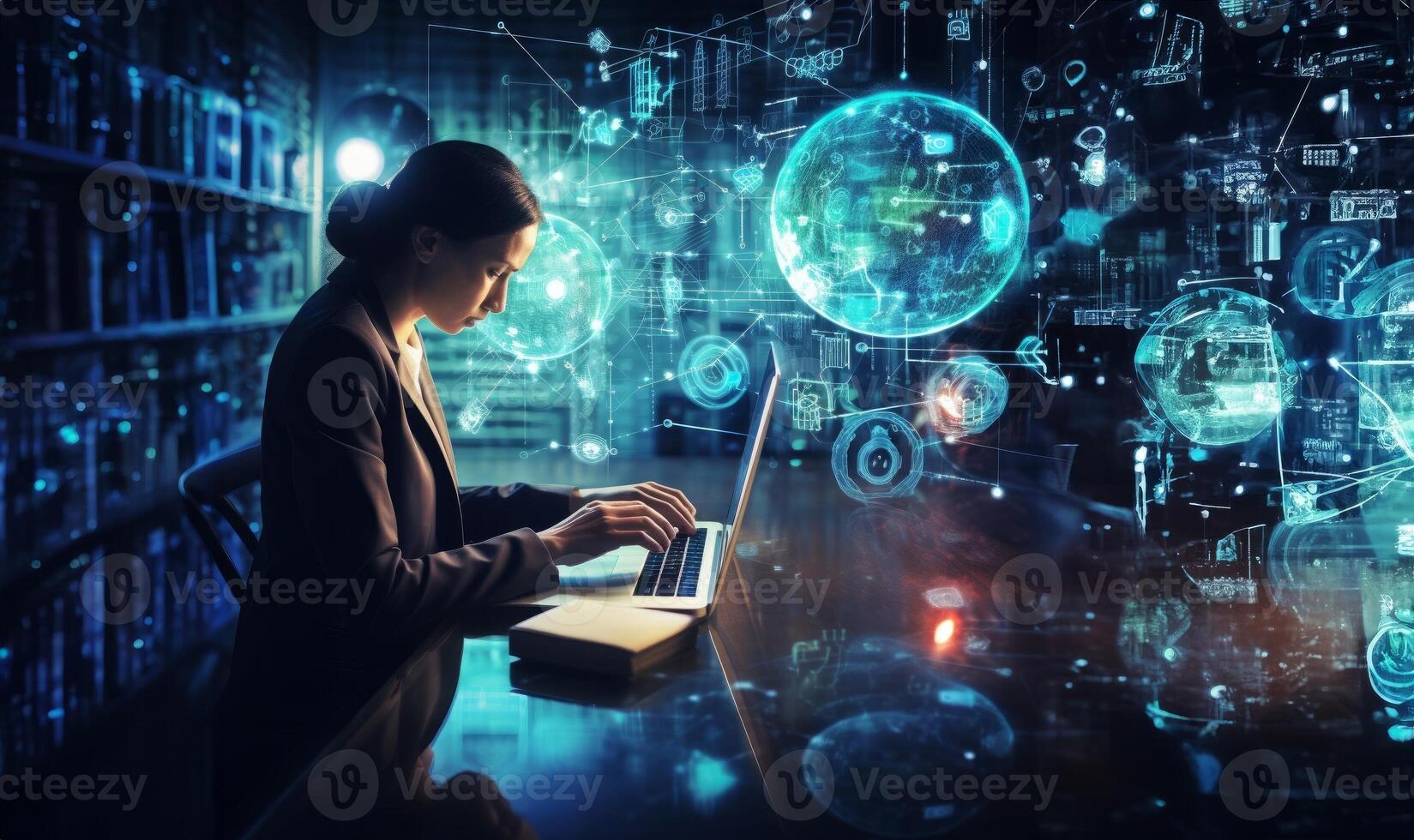 In the realm of cyber security, a female system administrator diligently works on her laptop, developing software to enhance data protection and reduce vulnerabilities in their network photo