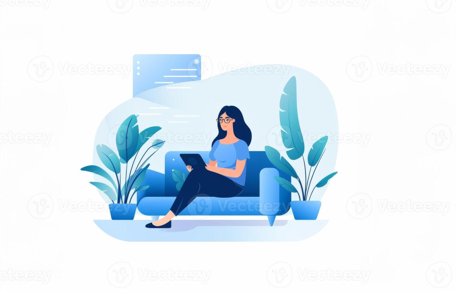 Seated comfortably on a sofa, a woman engages in the modern convenience of e-commerce, using a tablet to shop online and make digital purchases, capturing the essence of virtual retail photo