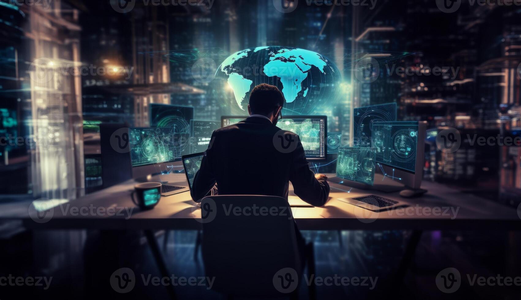 In a high-tech room surrounded by holograms, a male investor and ...