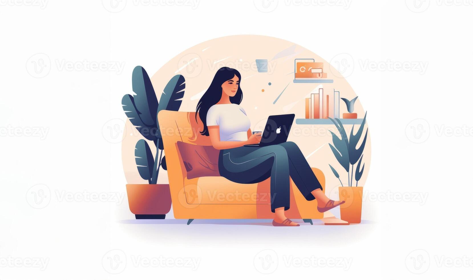 Seated comfortably on a sofa, a woman engages in the modern convenience of e-commerce, using a tablet to shop online and make digital purchases, capturing the essence of virtual retail photo