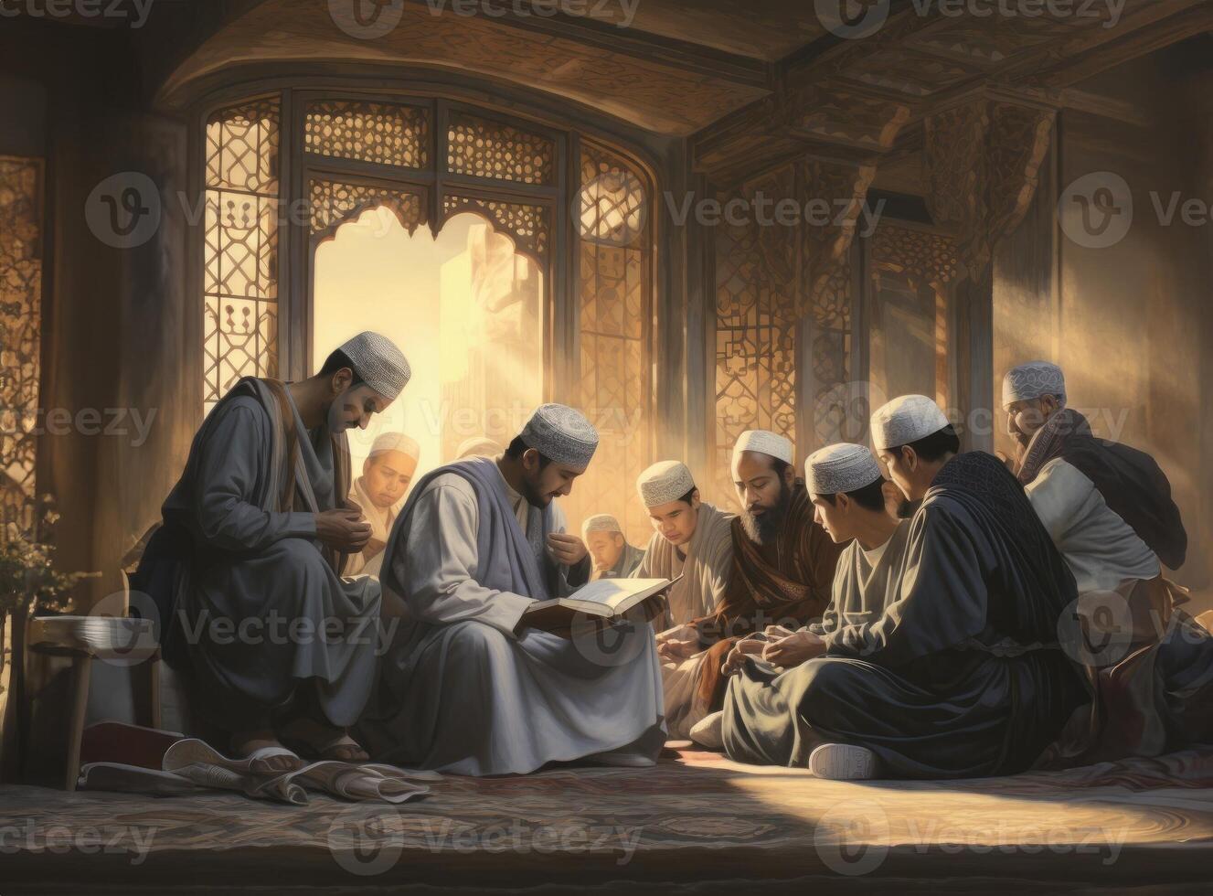 In the serene ambiance of a mosque during the holy month of Ramadan, a group of Muslim worshipers gathers, immersed in the spiritual practice of reading the Quran, fostering a sense of photo