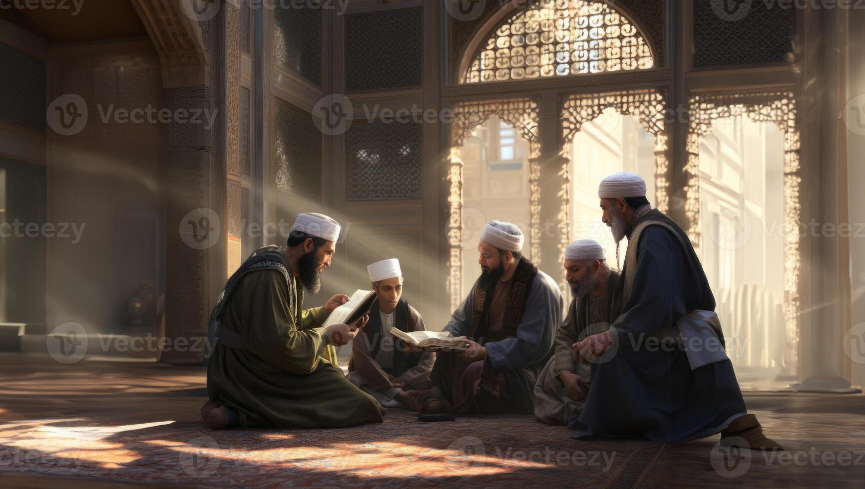 In the serene ambiance of a mosque during the holy month of Ramadan, a group of Muslim worshipers gathers, immersed in the spiritual practice of reading the Quran, fostering a sense of photo