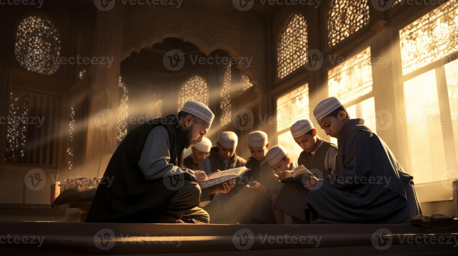 In the serene ambiance of a mosque during the holy month of Ramadan, a group of Muslim worshipers gathers, immersed in the spiritual practice of reading the Quran, fostering a sense of photo