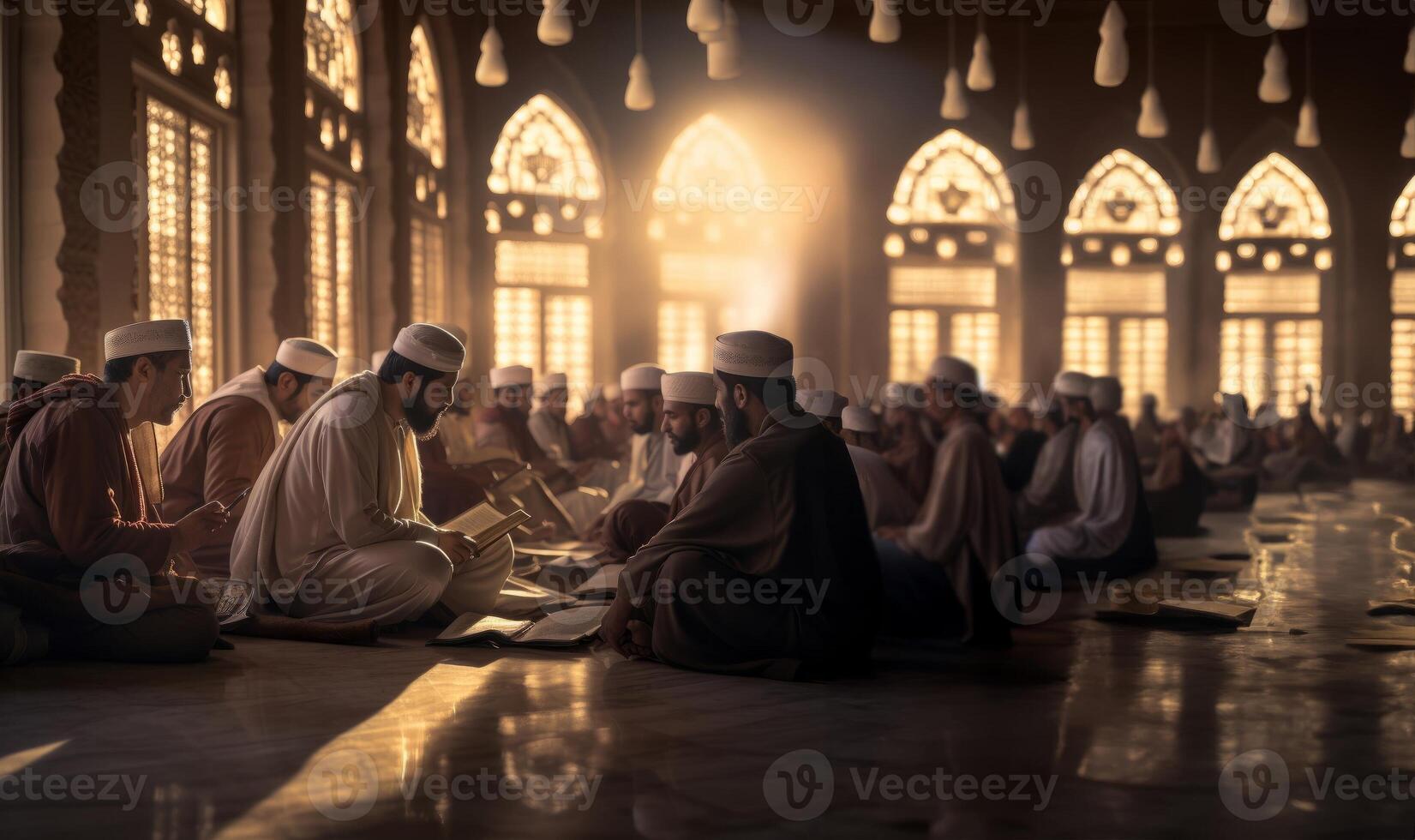 In the serene ambiance of a mosque during the holy month of Ramadan, a group of Muslim worshipers gathers, immersed in the spiritual practice of reading the Quran, fostering a sense of photo