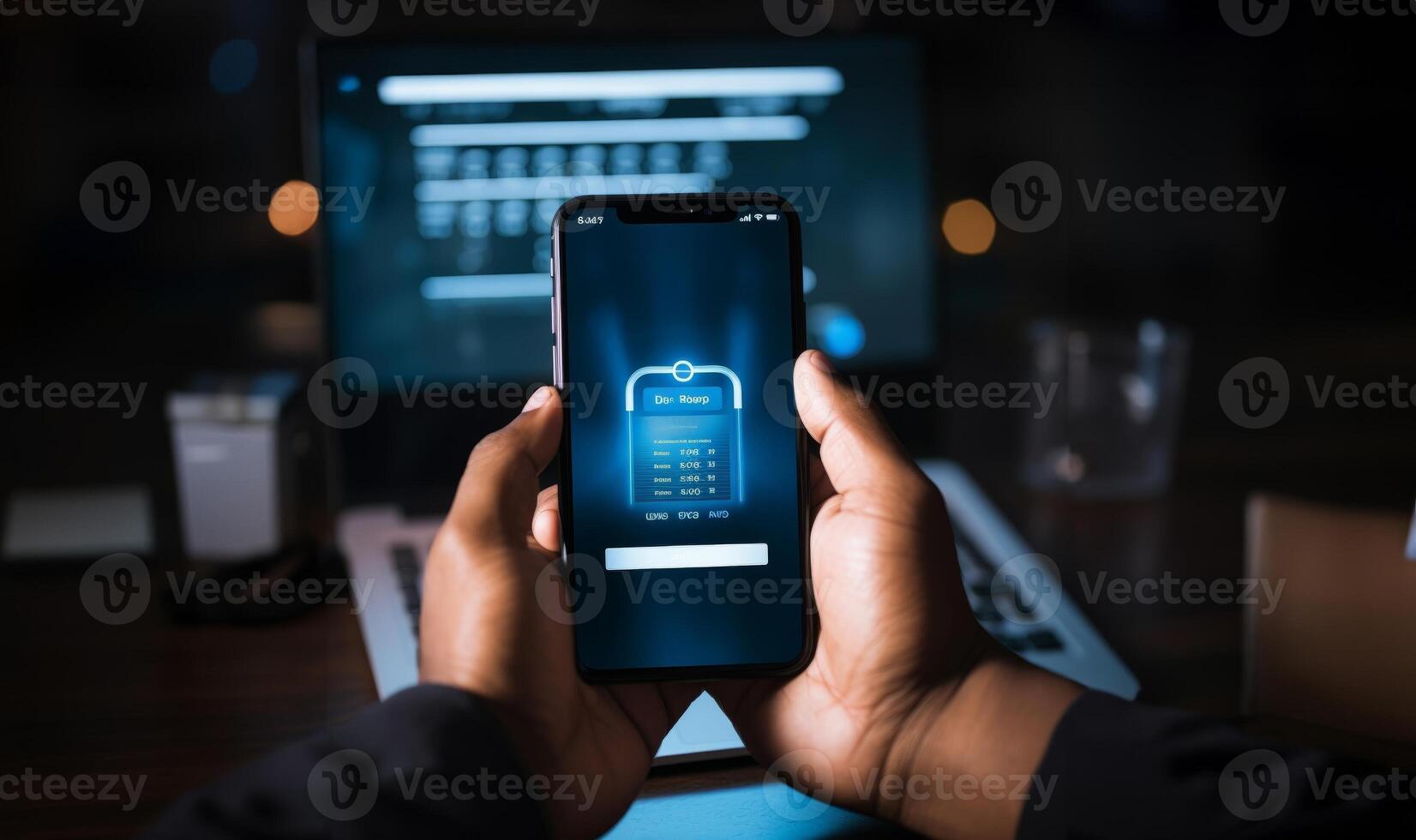In a cybersecurity context, hands hold a smartphone displaying a login screen with a username and password, highlighting the importance of securing personal information and digital access photo