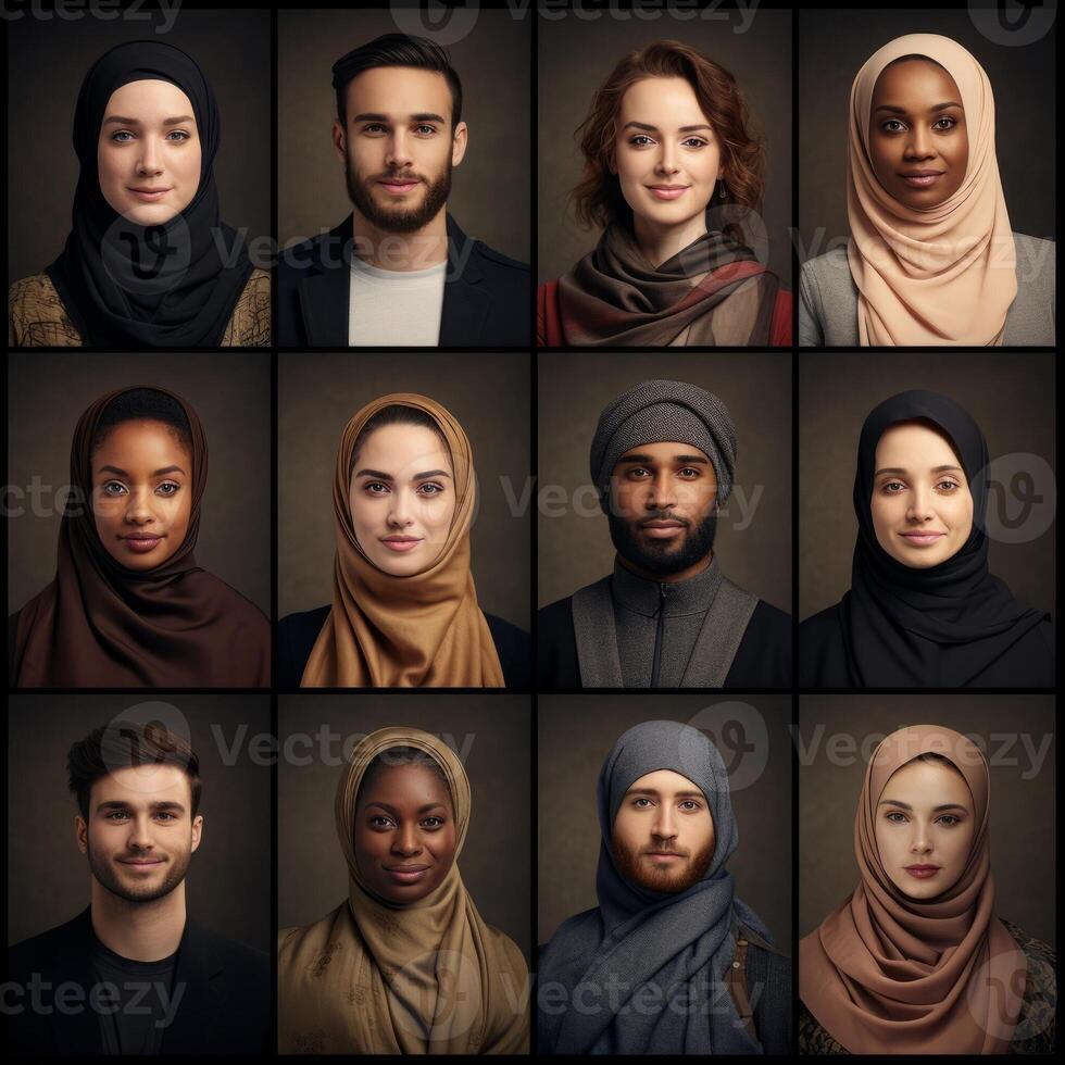 Capturing the richness of diversity, the photograph features individuals from ten different races and cultures adorned in Muslim attire, showcasing a harmonious blend of ethnicities photo