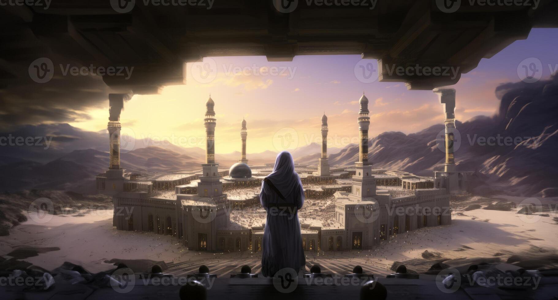 In a poignant moment of devotion, a girl wearing a hijab offers her prayers in front of the Kaaba, encapsulating the spiritual essence of Islamic worship at this sacred pilgrimage site in photo