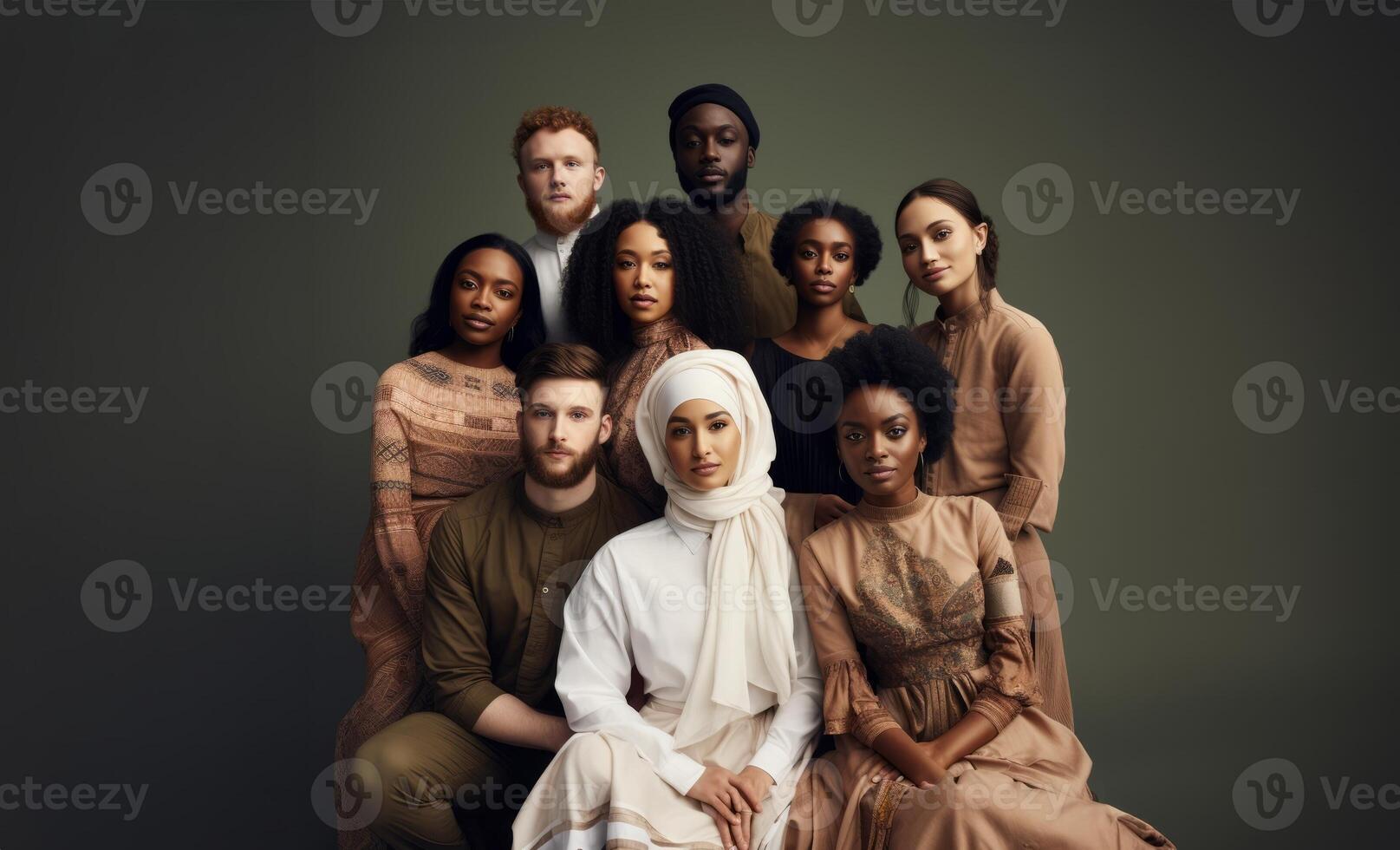 Capturing the richness of diversity, the photograph features individuals from ten different races and cultures adorned in Muslim attire, showcasing a harmonious blend of ethnicities photo