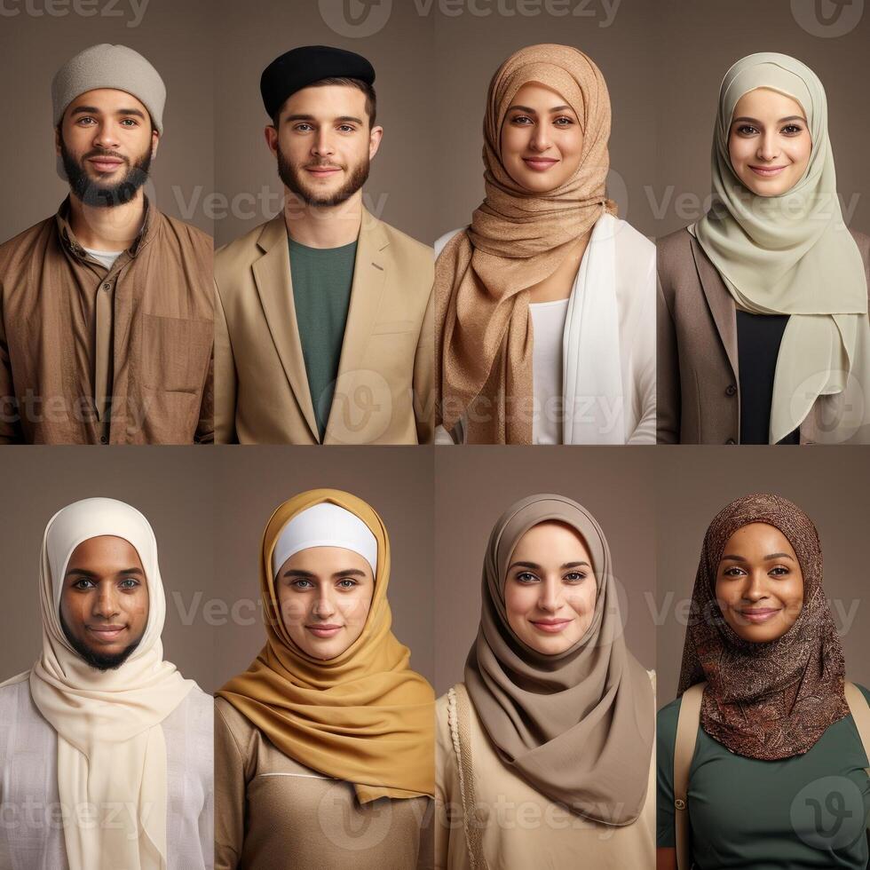 Capturing the richness of diversity, the photograph features individuals from ten different races and cultures adorned in Muslim attire, showcasing a harmonious blend of ethnicities photo