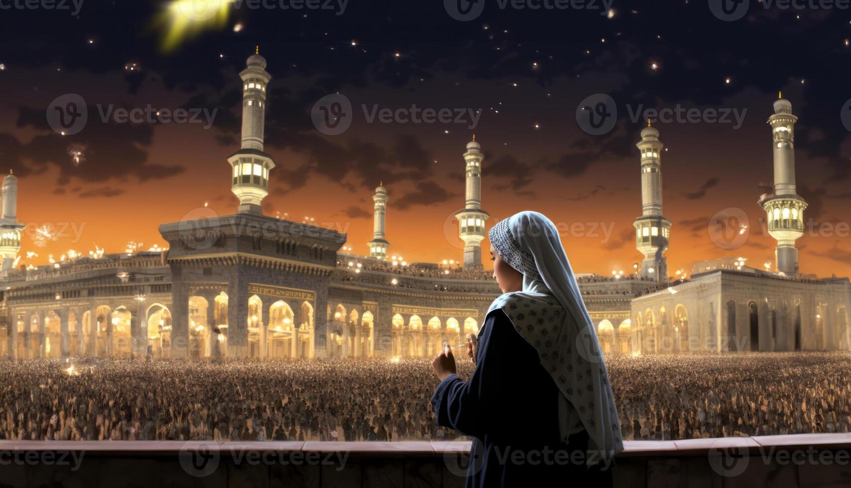 In a poignant moment of devotion, a girl wearing a hijab offers her prayers in front of the Kaaba, encapsulating the spiritual essence of Islamic worship at this sacred pilgrimage site in photo