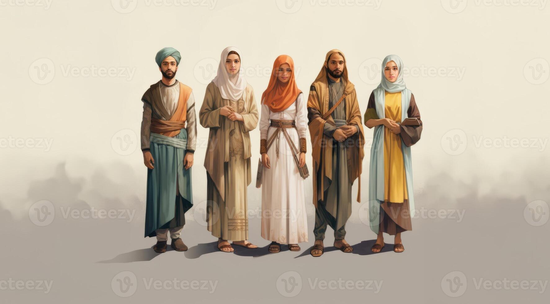 Capturing the richness of diversity, the photograph features individuals from ten different races and cultures adorned in Muslim attire, showcasing a harmonious blend of ethnicities photo