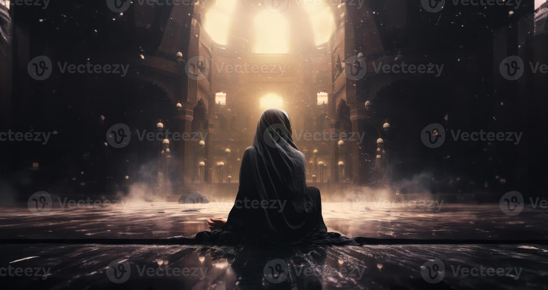 In a poignant moment of devotion, a girl wearing a hijab offers her prayers in front of the Kaaba, encapsulating the spiritual essence of Islamic worship at this sacred pilgrimage site in photo