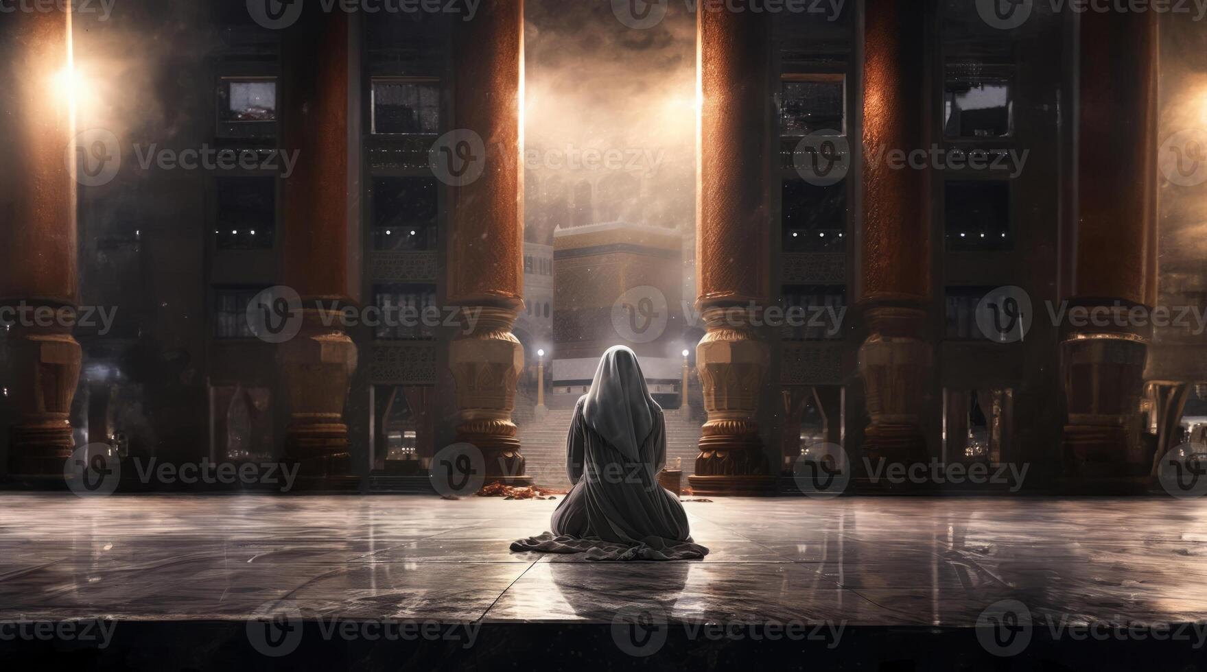 In a poignant moment of devotion, a girl wearing a hijab offers her prayers in front of the Kaaba, encapsulating the spiritual essence of Islamic worship at this sacred pilgrimage site in photo
