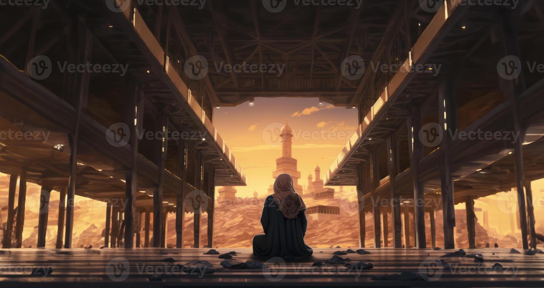 In a poignant moment of devotion, a girl wearing a hijab offers her prayers in front of the Kaaba, encapsulating the spiritual essence of Islamic worship at this sacred pilgrimage site in photo