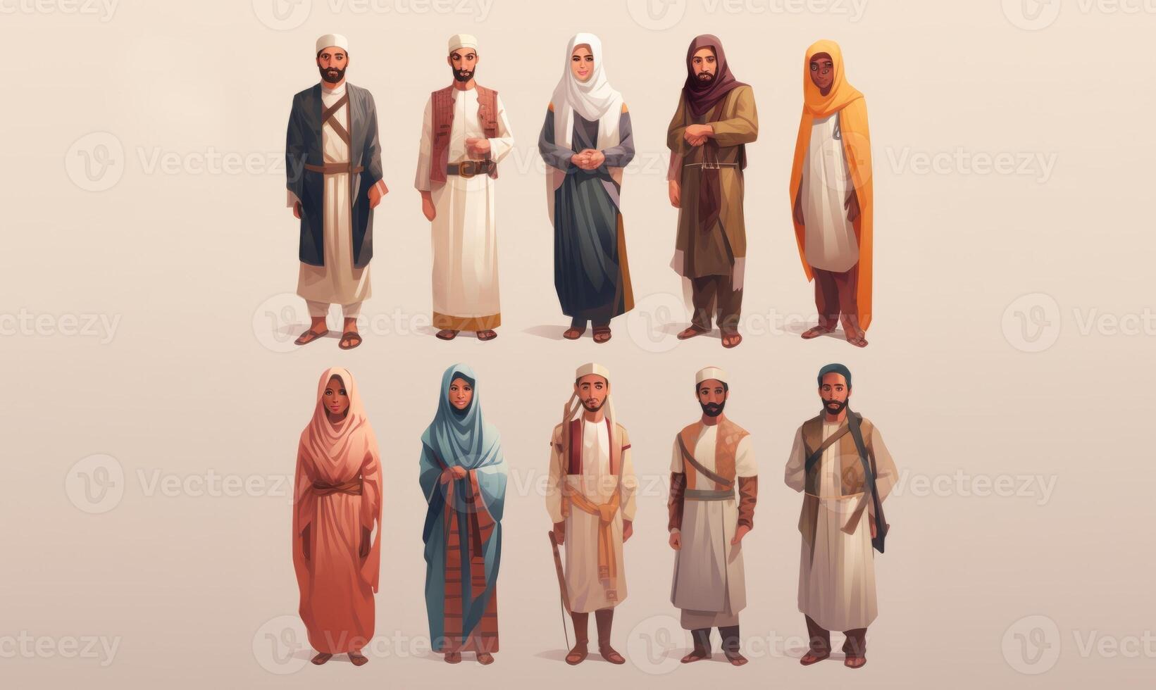 Capturing the richness of diversity, the photograph features individuals from ten different races and cultures adorned in Muslim attire, showcasing a harmonious blend of ethnicities photo