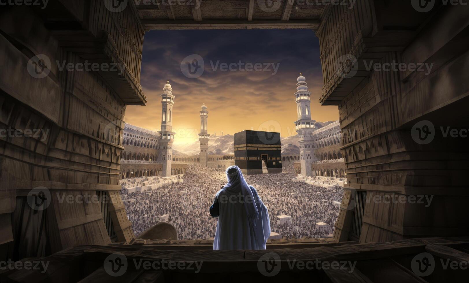 Muslim Man in Traditional Attire Praying Toward the Holy Kaaba.Generated image photo