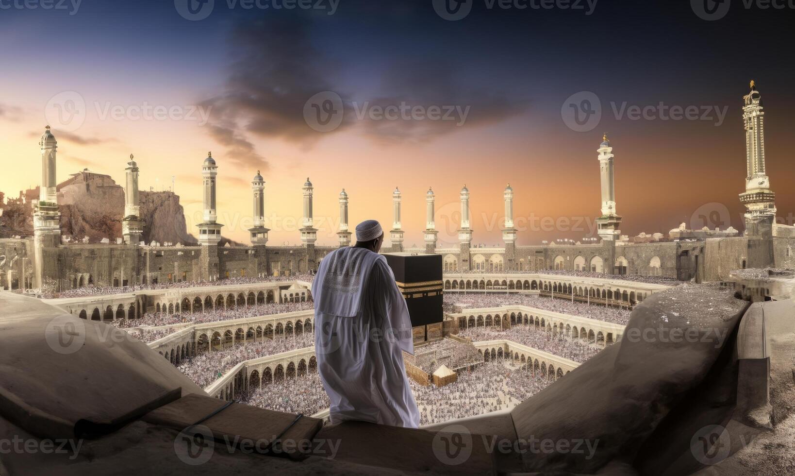 Muslim Man in Traditional Attire Praying Toward the Holy Kaaba.Generated image photo