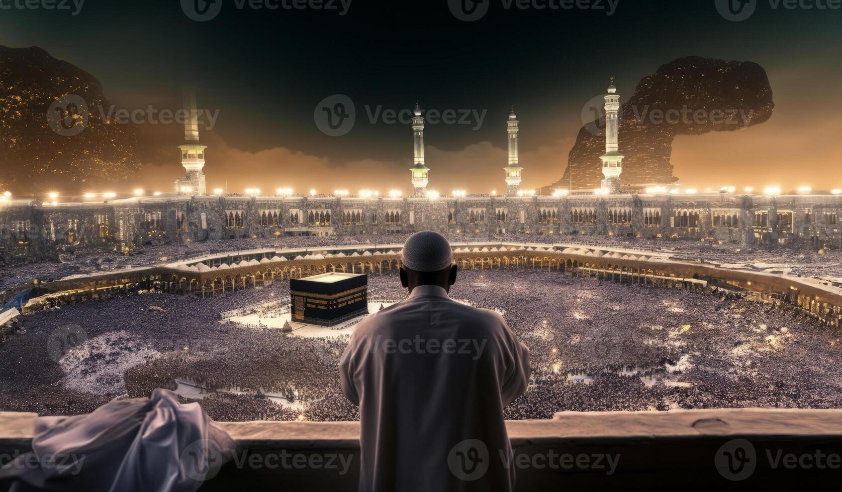 Muslim Man in Traditional Attire Praying Toward the Holy Kaaba.Generated image photo