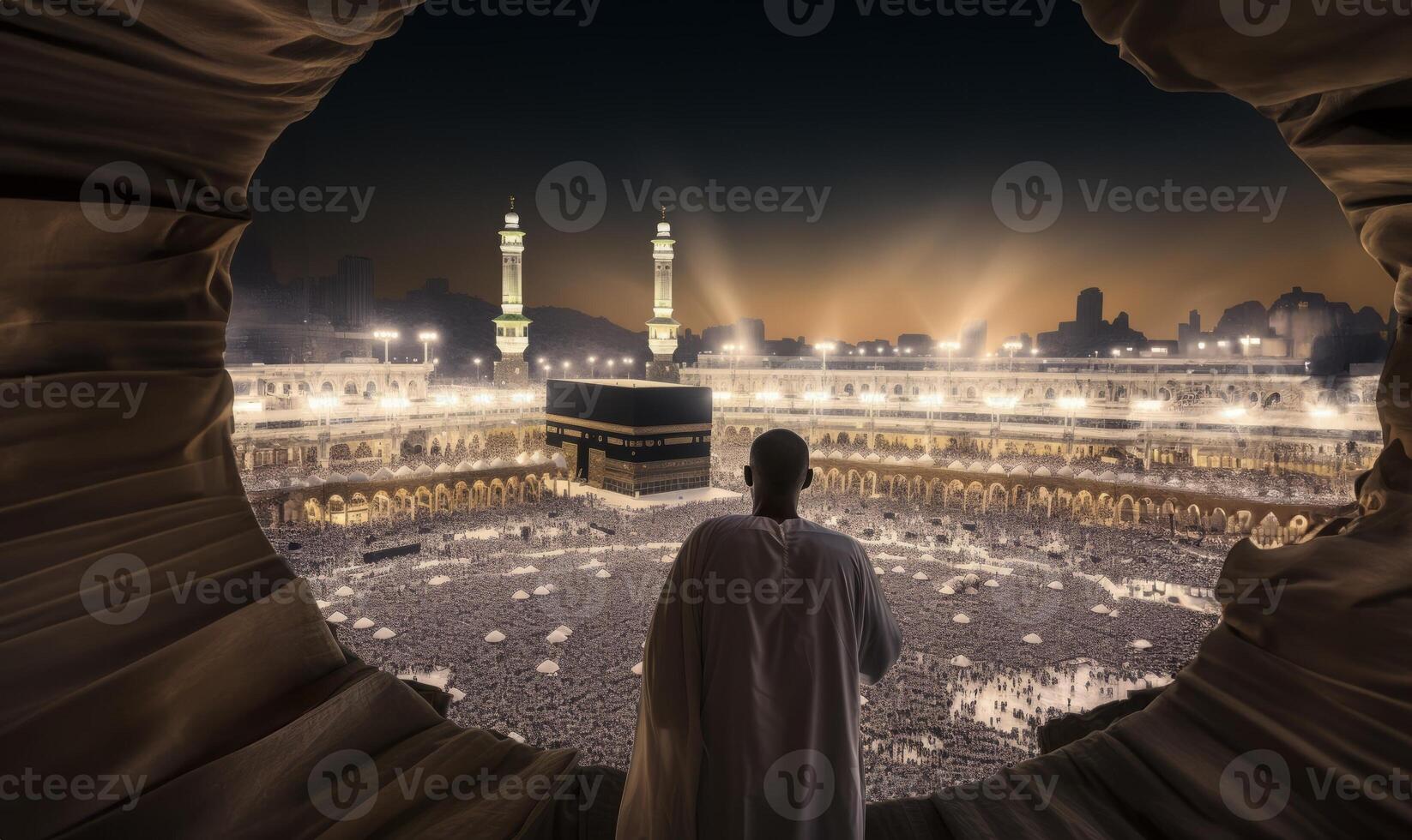 Muslim Man in Traditional Attire Praying Toward the Holy Kaaba.Generated image photo