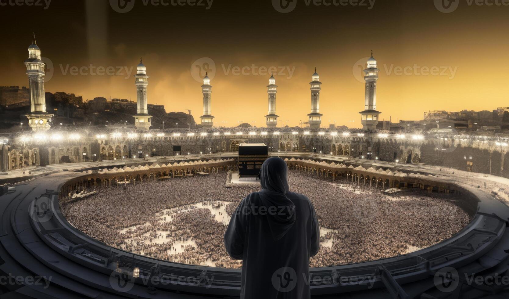 Muslim Man in Traditional Attire Praying Toward the Holy Kaaba.Generated image photo