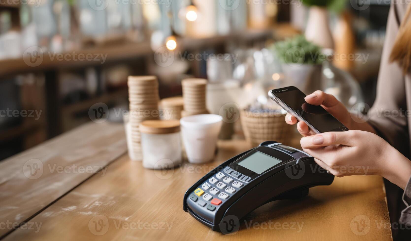 Closeup of a Woman Using a Smartphone to Pay the Bill at a RestaurantGenerated image photo
