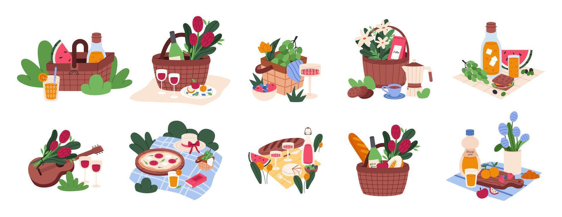 Picnic basket set. Lunch hamper. Picnic party basket with food wine, wicker box, breakfast on floor blanket outdoor. Snack straw baskets isolated on white. vector