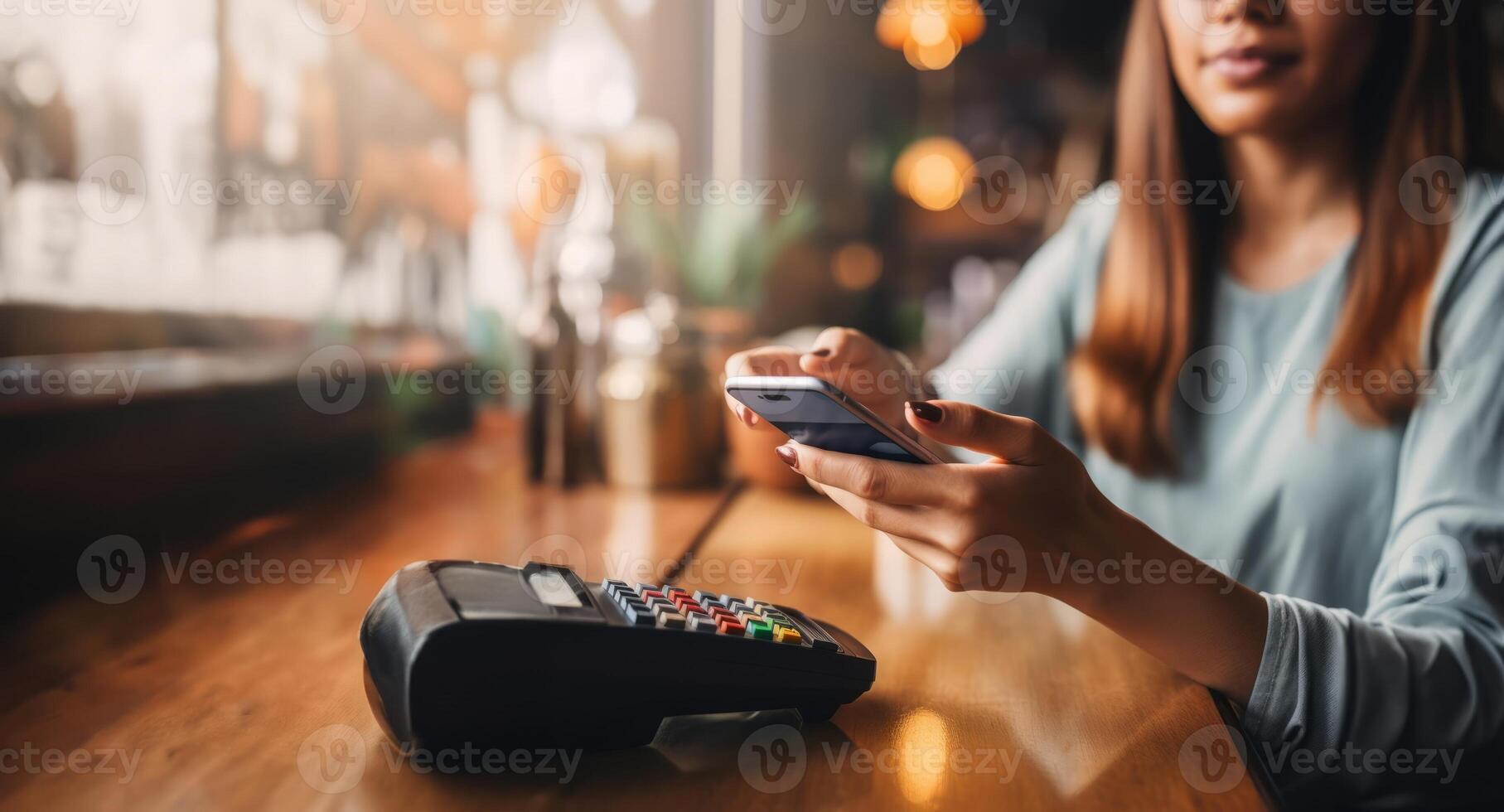 Closeup of a Woman Using a Smartphone to Pay the Bill at a RestaurantGenerated image photo