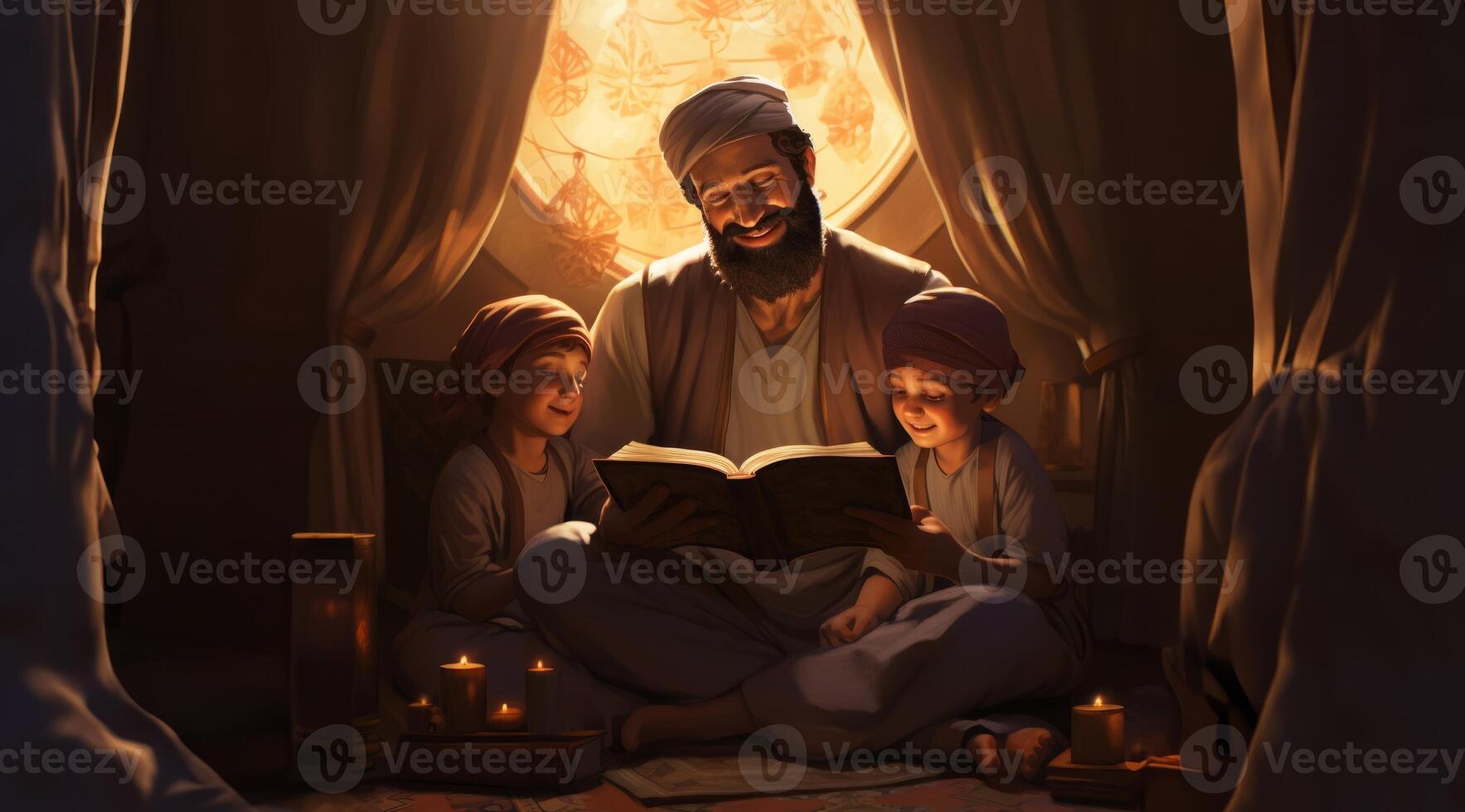 Muslim Parents Teaching Their Children to Read the Quran Together.Generated image photo