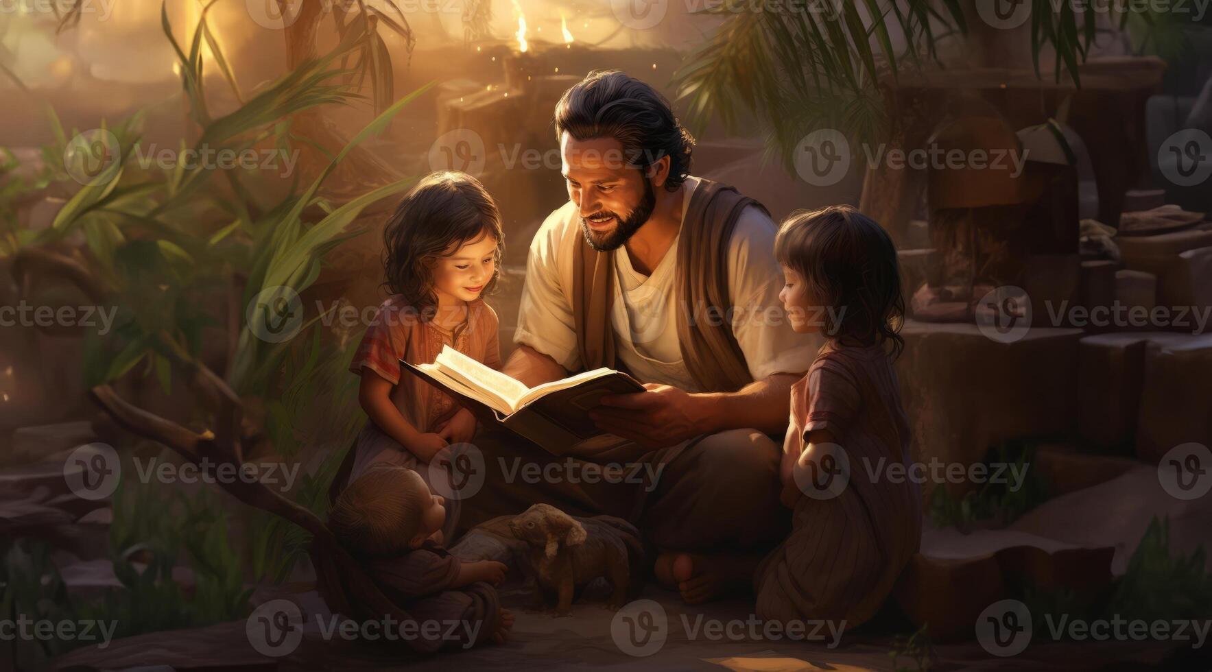 Muslim Parents Teaching Their Children to Read the Quran Together.Generated image photo