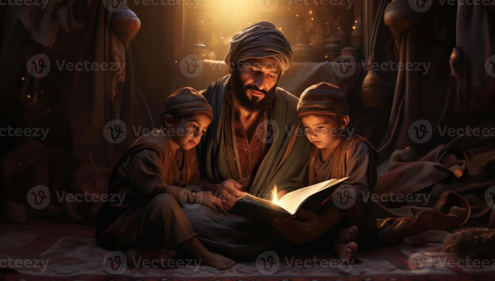 Muslim Parents Teaching Their Children to Read the Quran Together.Generated image photo