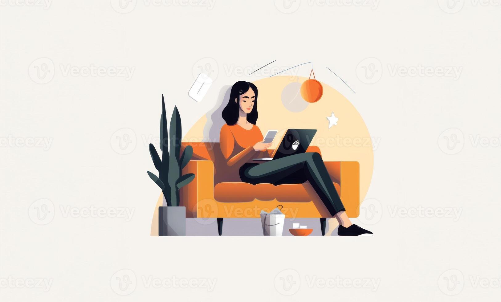 Girl Sitting on a Sofa Presenting E-Commerce Solutions on a Laptop.Generated image photo