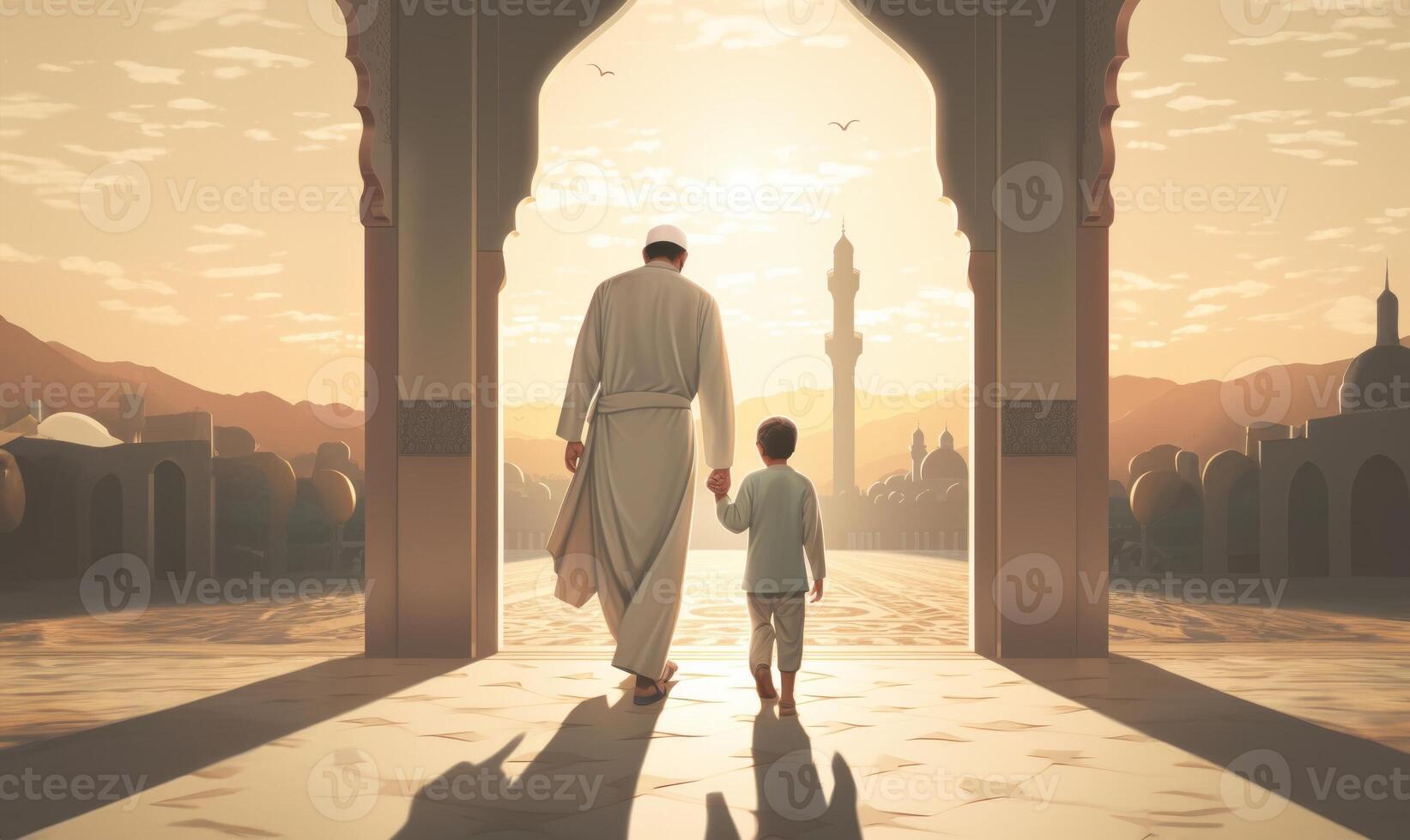 Father and Son in Ihram at a Sacred Site During Their Pilgrimage.Generated image photo