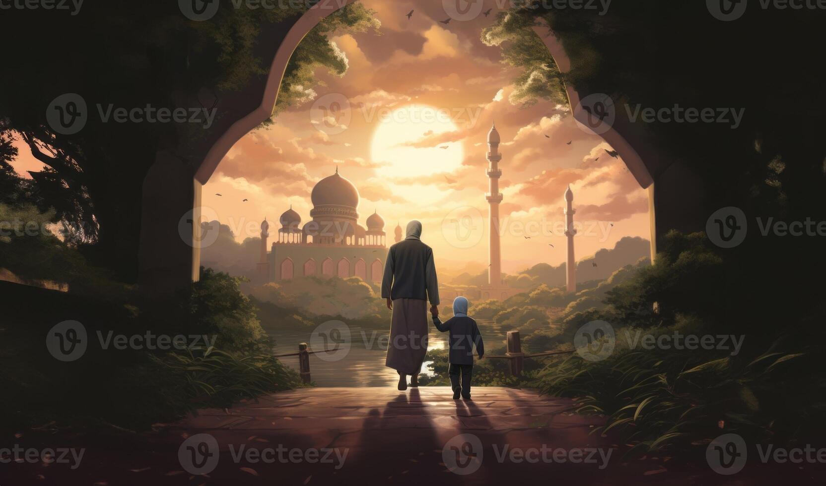 Father and Son in Ihram at a Sacred Site During Their Pilgrimage.Generated image photo