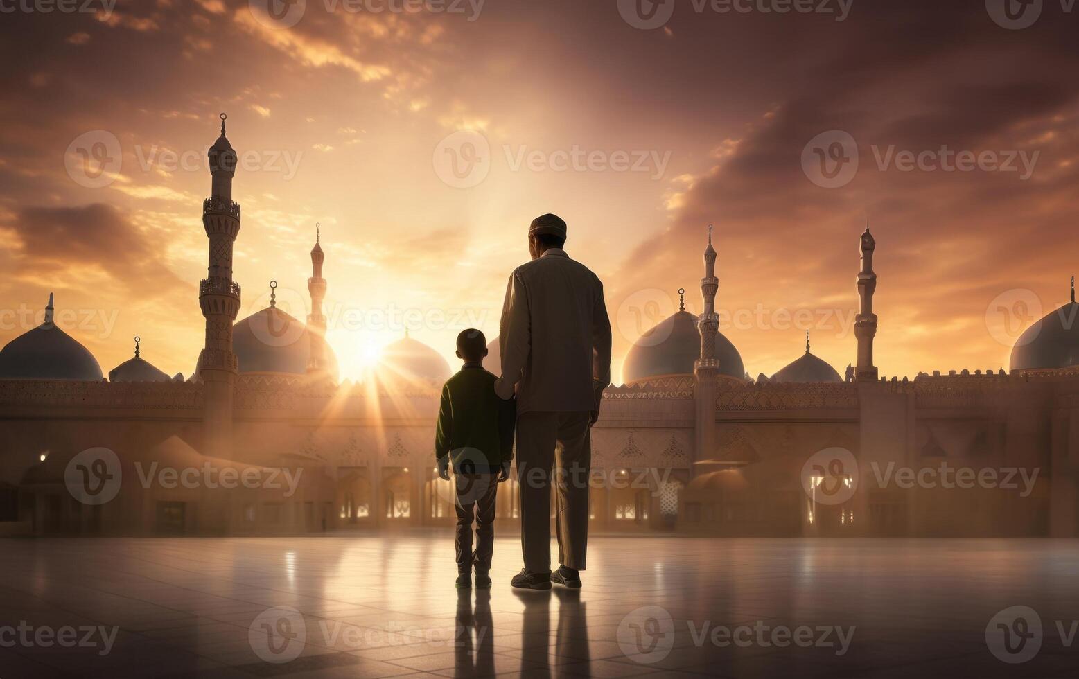 Father and Son in Ihram at a Sacred Site During Their Pilgrimage.Generated image photo