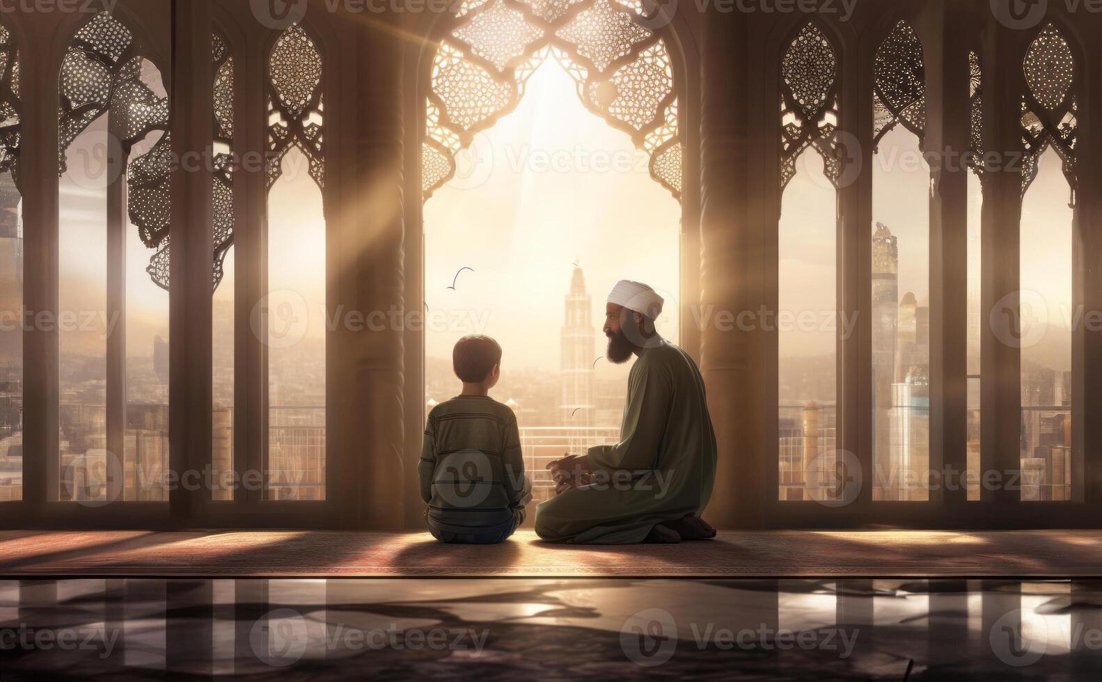 Father and Son in Ihram at a Sacred Site During Their Pilgrimage.Generated image photo