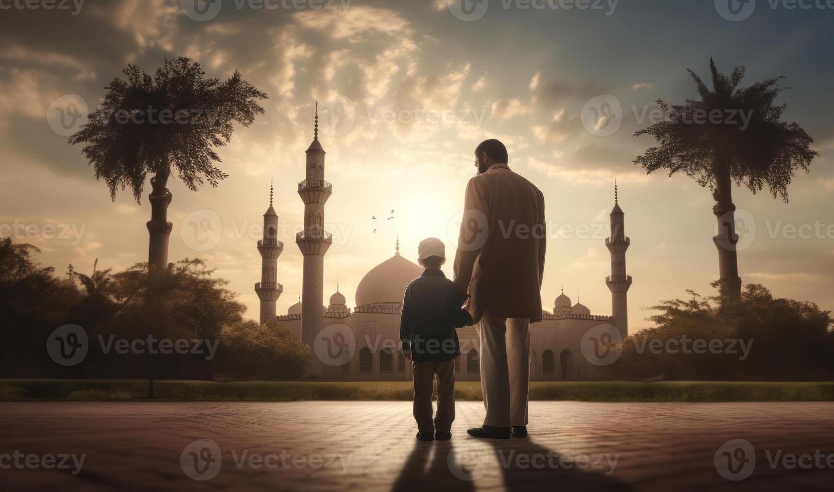 Father and Son in Ihram at a Sacred Site During Their Pilgrimage.Generated image photo
