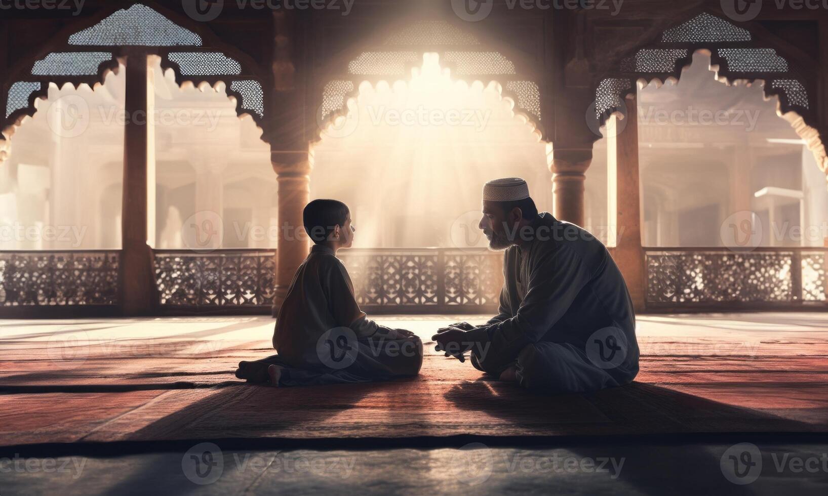 Father and Son in Ihram at a Sacred Site During Their Pilgrimage.Generated image photo