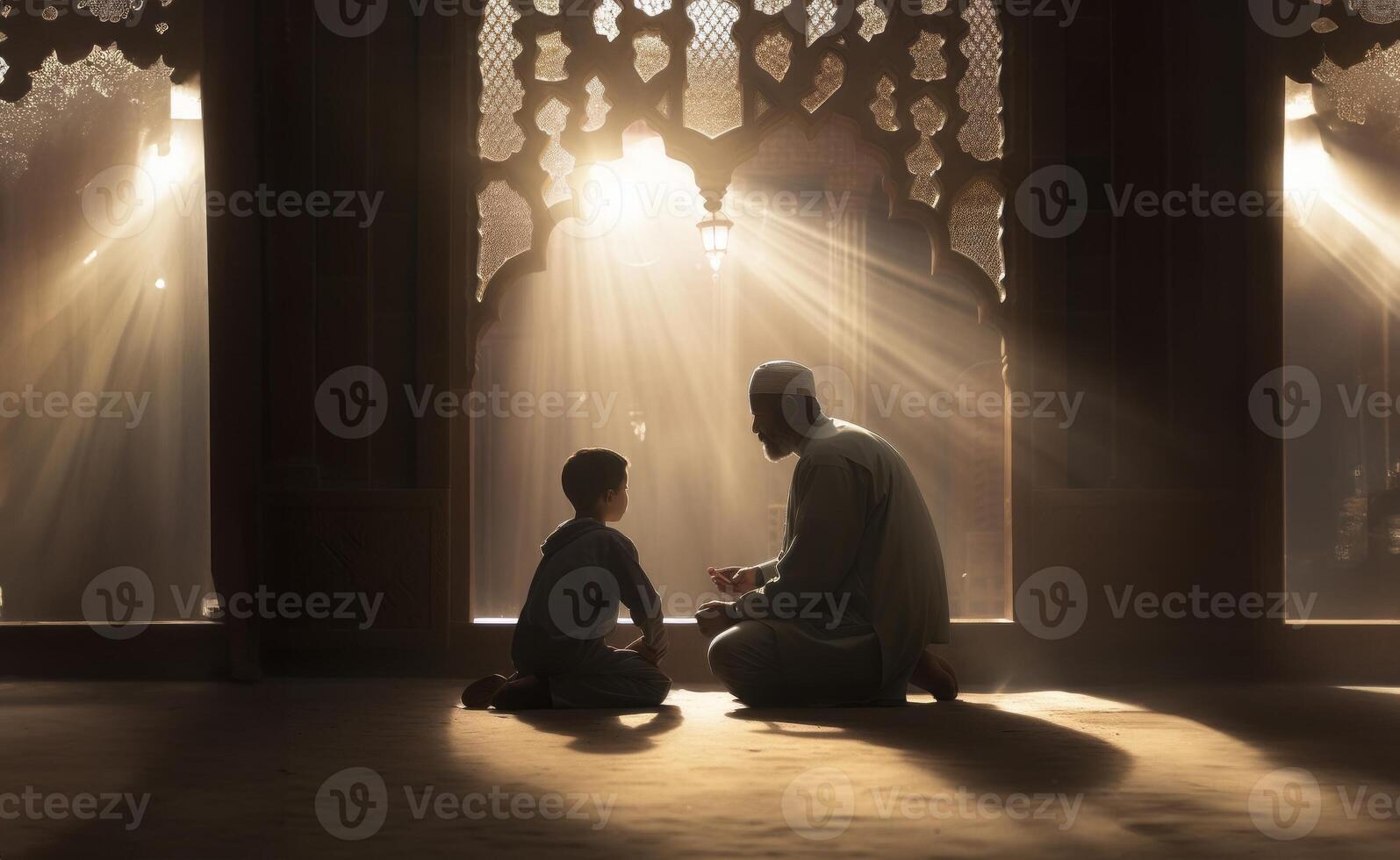 Father and Son in Ihram at a Sacred Site During Their Pilgrimage.Generated image photo
