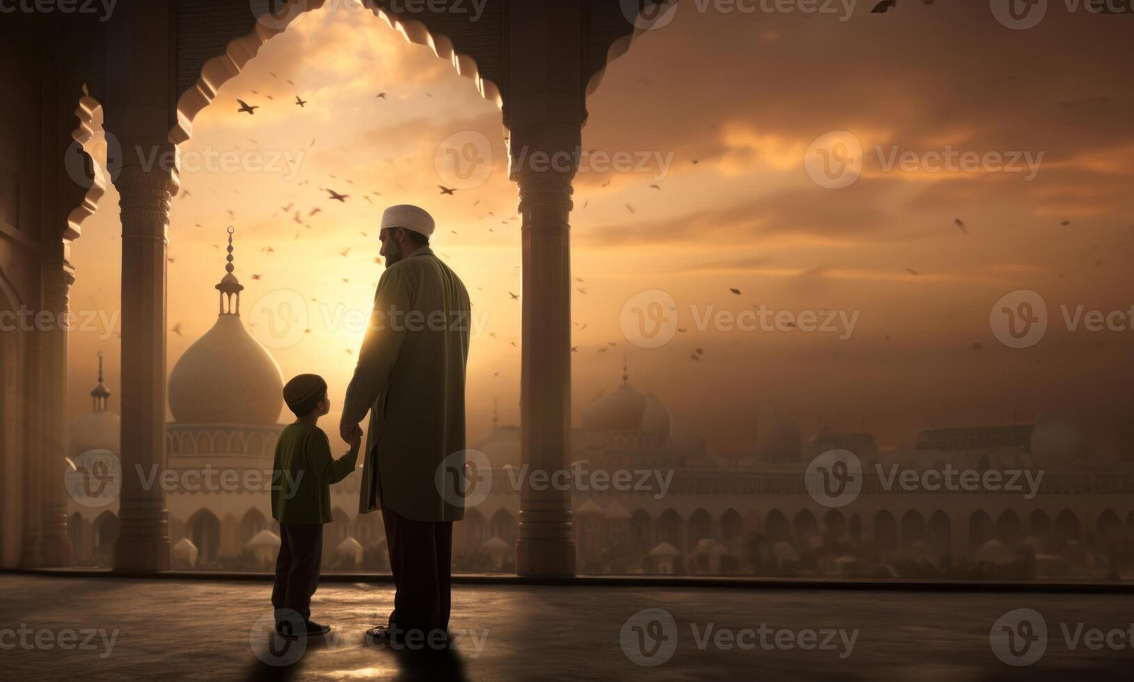 Father and Son in Ihram at a Sacred Site During Their Pilgrimage.Generated image photo