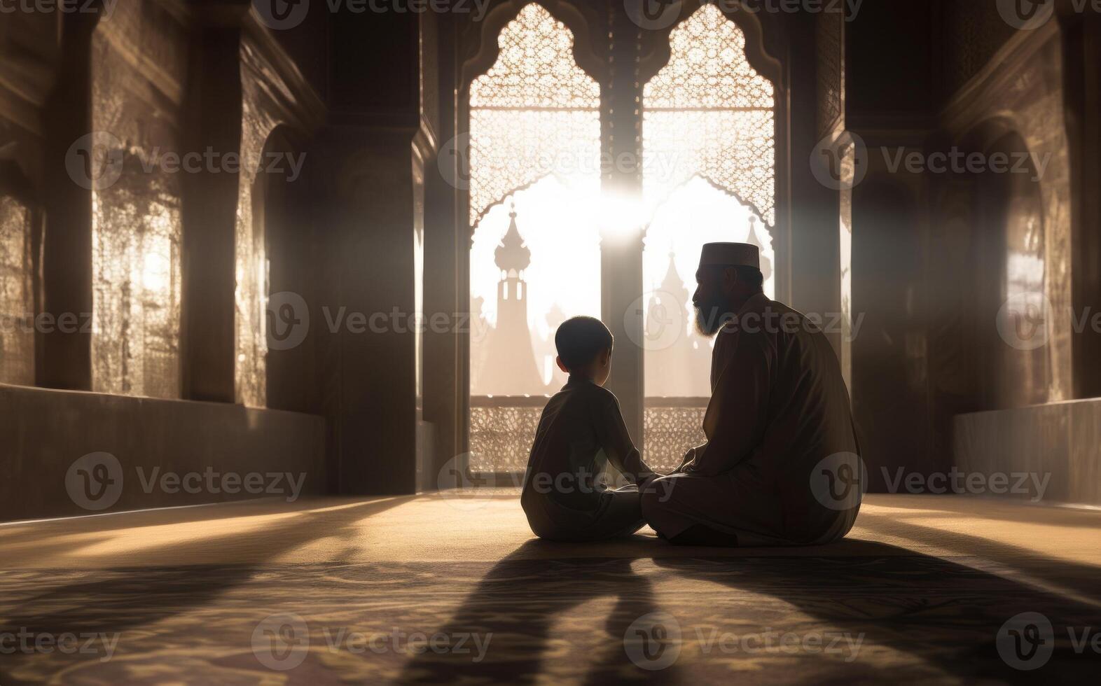 Father and Son in Ihram at a Sacred Site During Their Pilgrimage.Generated image photo