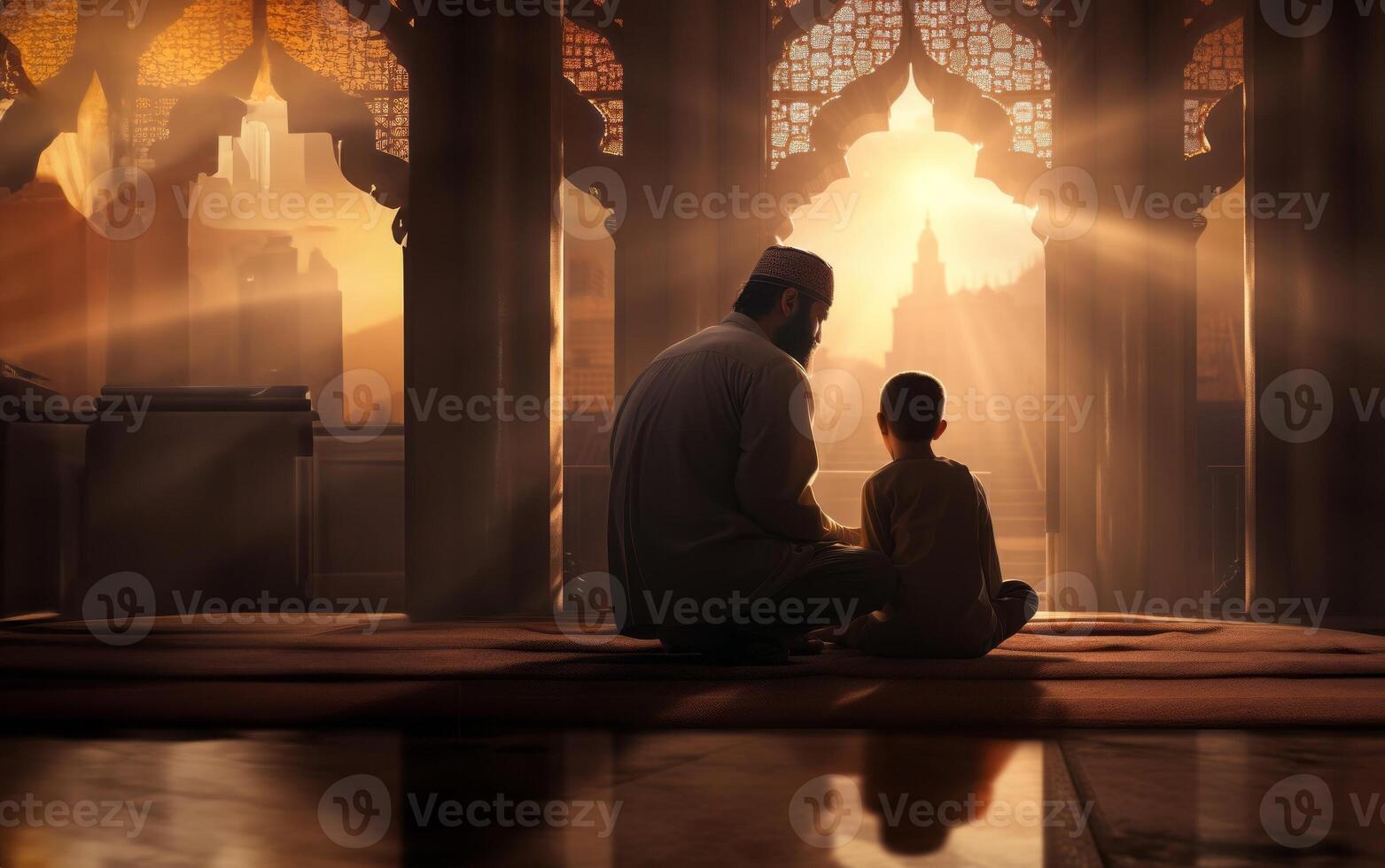 Father and Son in Ihram at a Sacred Site During Their Pilgrimage.Generated image photo