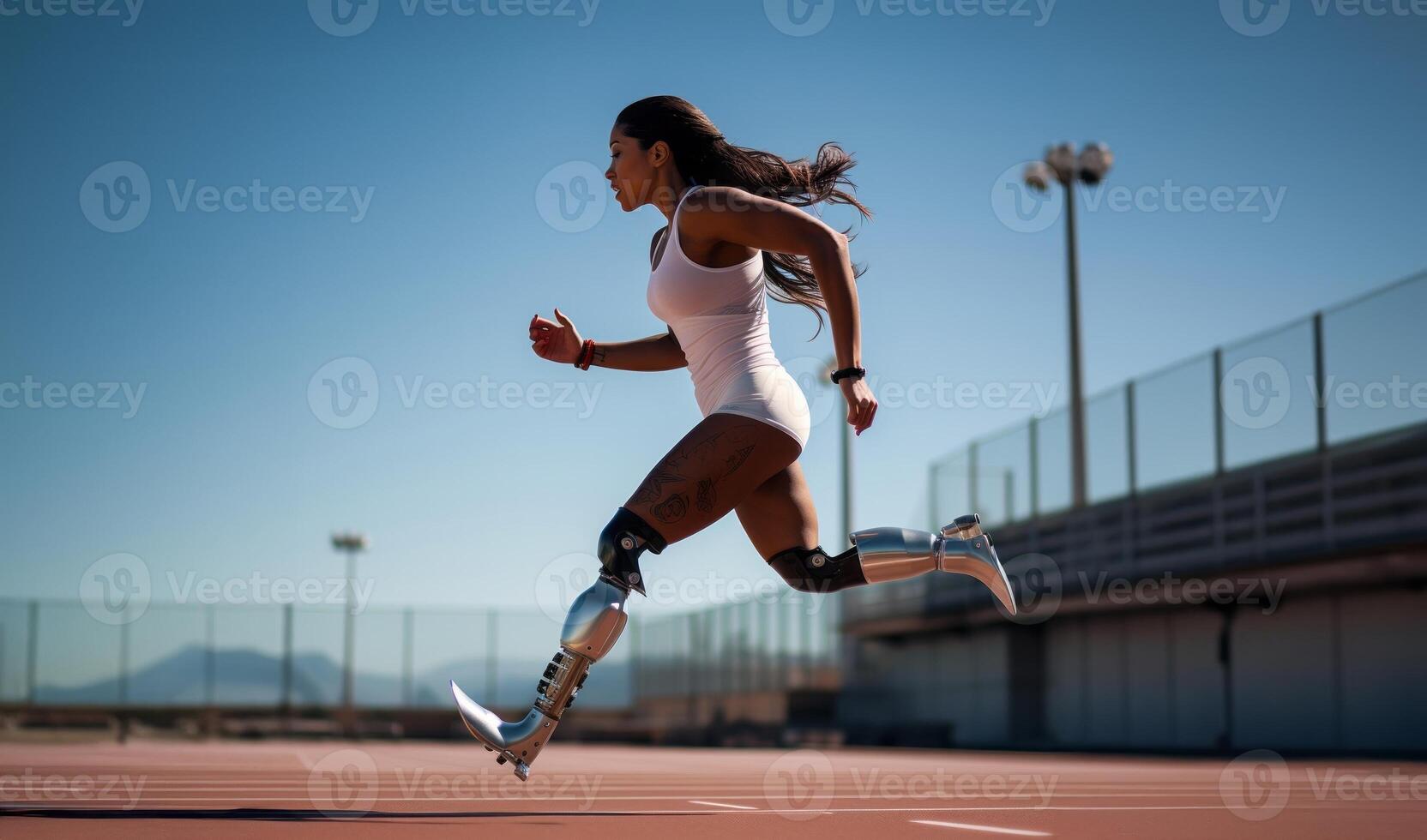 Girl with a Prosthetic Leg Running on an Athletic Track, Showcasing Resilience and Athleticism.Generated image photo