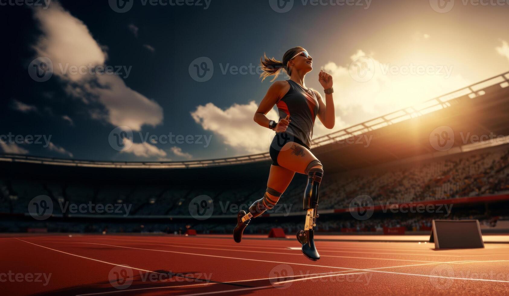 Girl with a Prosthetic Leg Running on an Athletic Track, Showcasing Resilience and Athleticism.Generated image photo