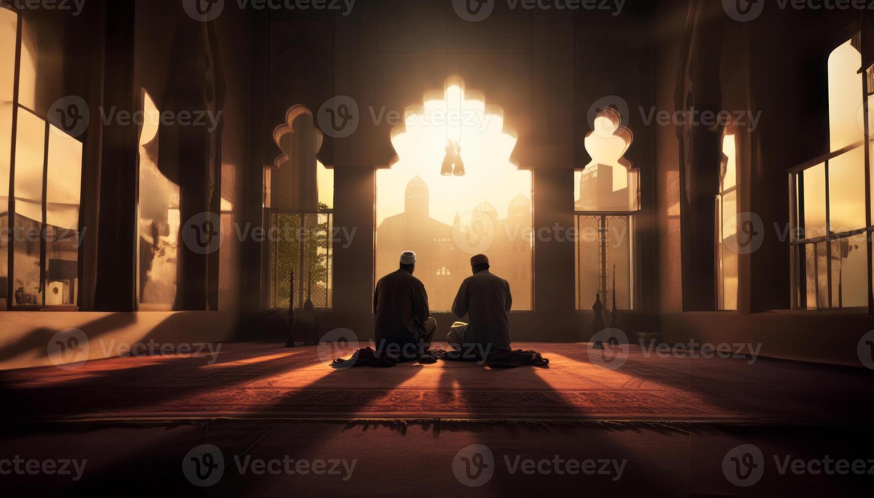 Muslim couple in traditional attire engaged in prayer, illuminated by sunlight streaming through the window, embodying devotion and spirituality.Generated image photo