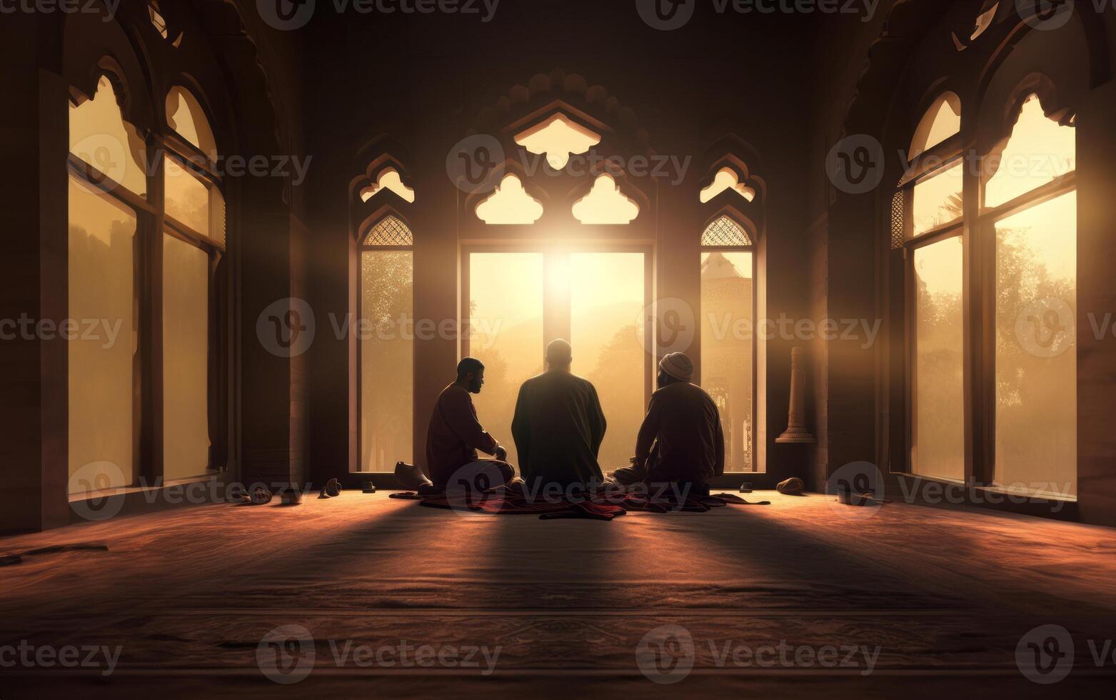 Muslim couple in traditional attire engaged in prayer, illuminated by sunlight streaming through the window, embodying devotion and spirituality.Generated image photo