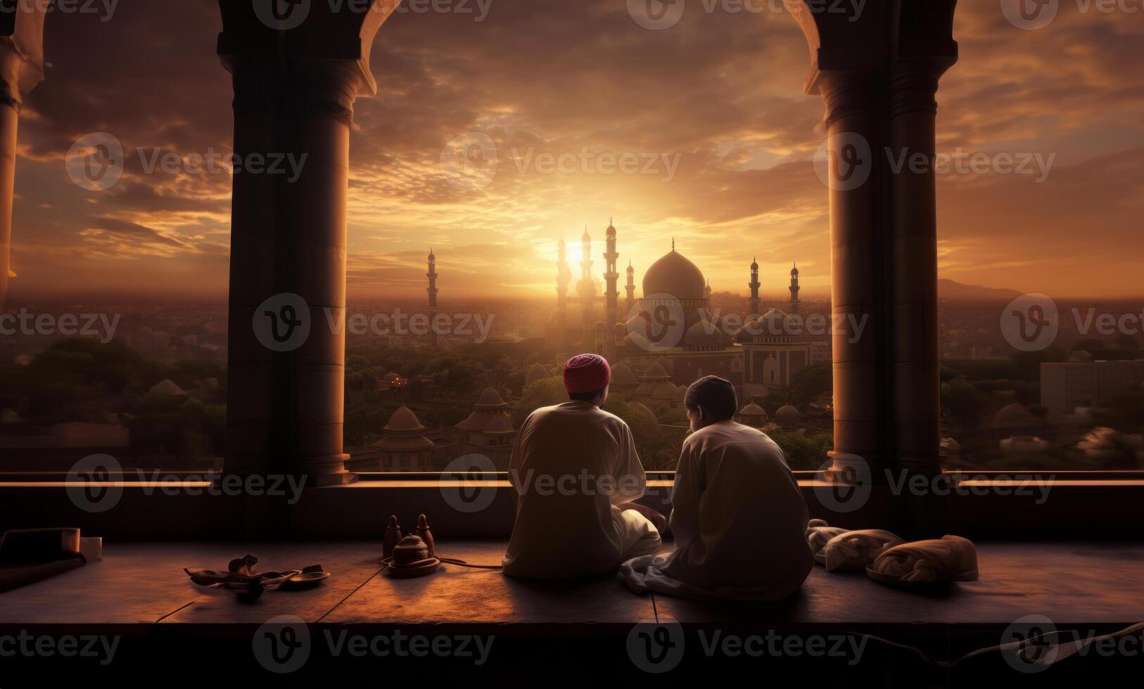 Muslim couple in traditional attire engaged in prayer, illuminated by sunlight streaming through the window, embodying devotion and spirituality.Generated image photo