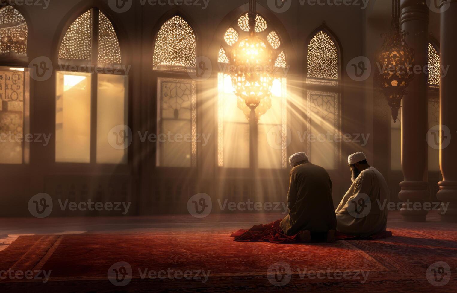 Muslim couple in traditional attire engaged in prayer, illuminated by sunlight streaming through the window, embodying devotion and spirituality.Generated image photo