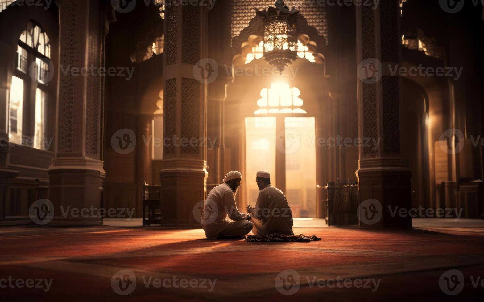 Muslim couple in traditional attire engaged in prayer, illuminated by sunlight streaming through the window, embodying devotion and spirituality.Generated image photo