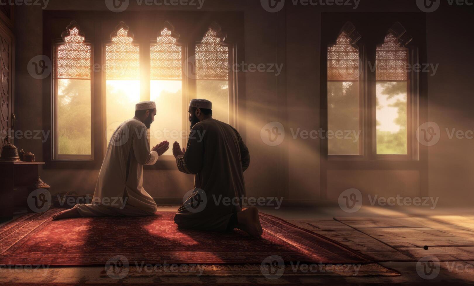 Muslim couple in traditional attire engaged in prayer, illuminated by sunlight streaming through the window, embodying devotion and spirituality.Generated image photo